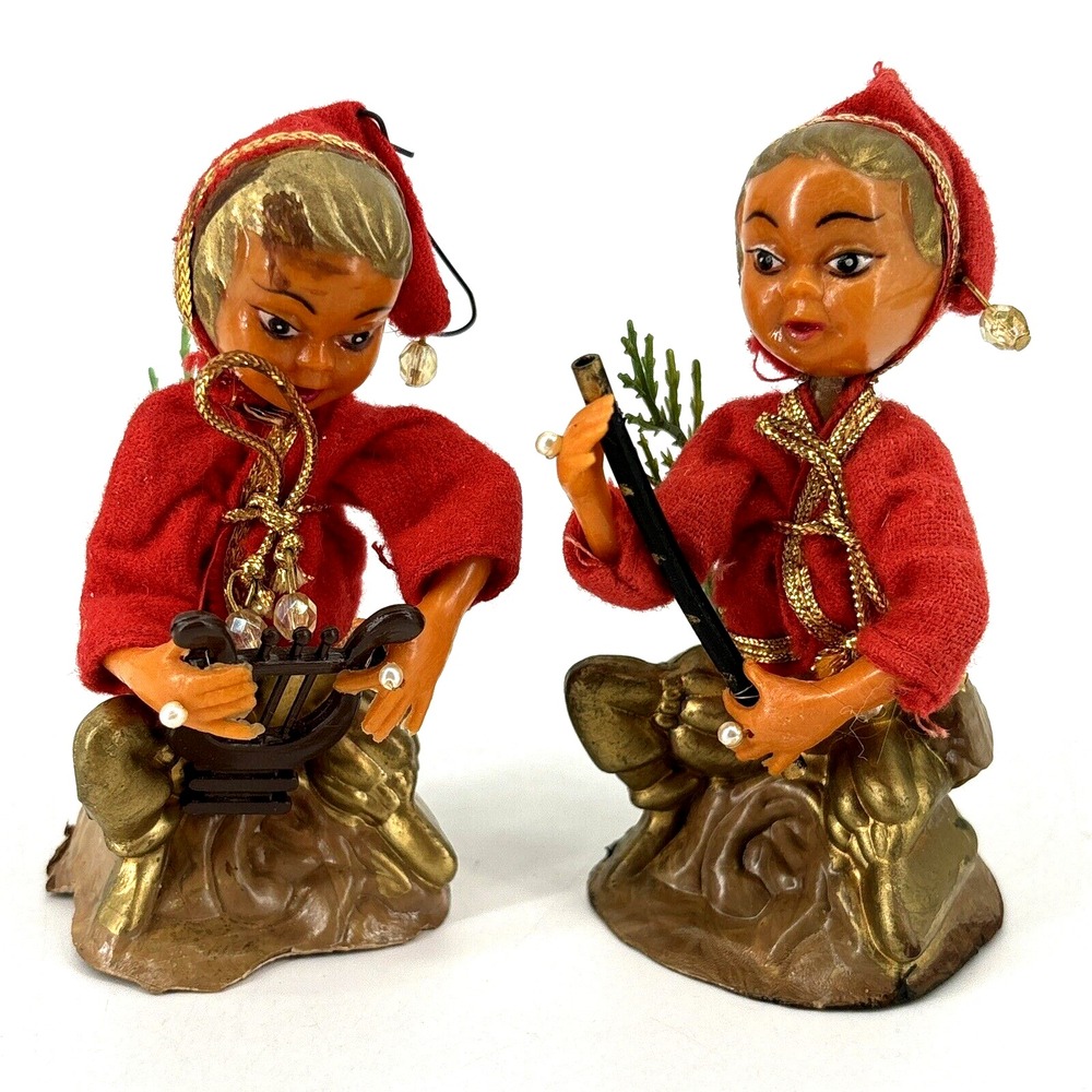 Vintage MCM‎ Tilso Golden Pixie Elves Lot Playing Musical Instruments Lyre Flute